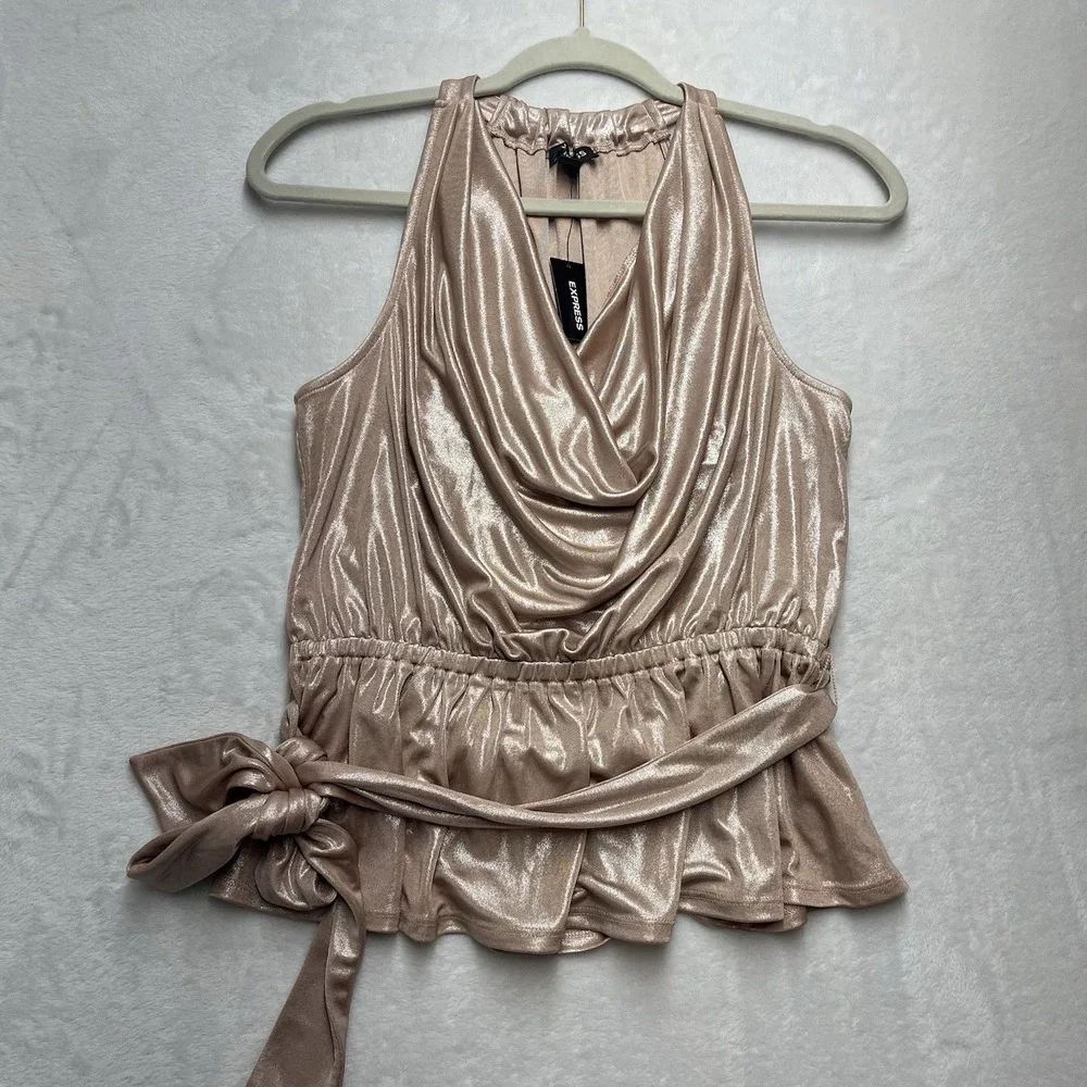 Express Metallic Rose Gold Draped Neck Peplum Top Womens Small NYE Party NEW - Picture 1 of 6